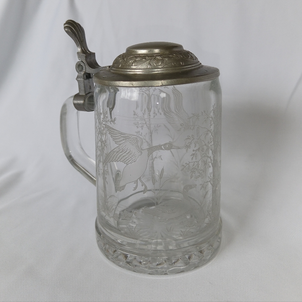 Vintage Glass Beer Stein with Silver-toned Lid 4" diameter x 6"h
